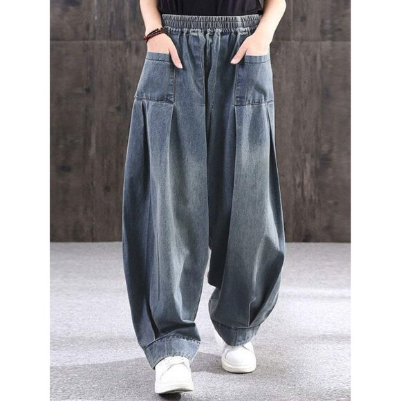Women's Denim Harem Pants Cotton Polyester Spandex Wide Leg Casual - Picture 2 of 6